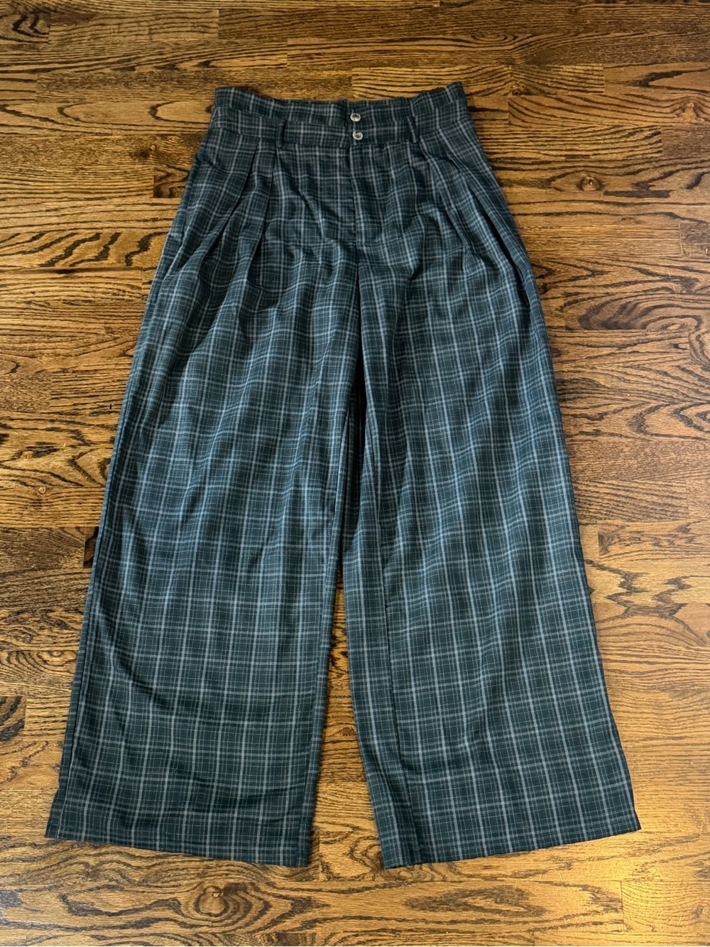 Commense Dark Green Plaid Wide Leg Pants - Picture 2 of 6